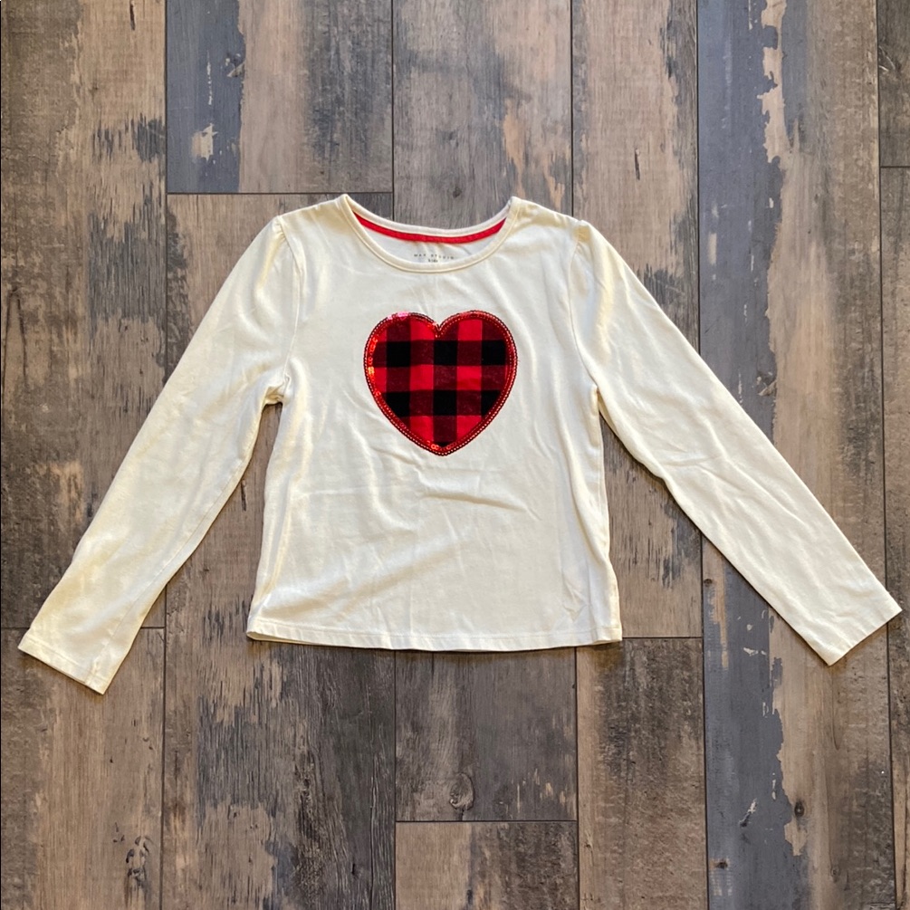 Max Studio Kids Girls Cream Long Sleeve Shirt Top Tee Plaid Heart Size Large 10